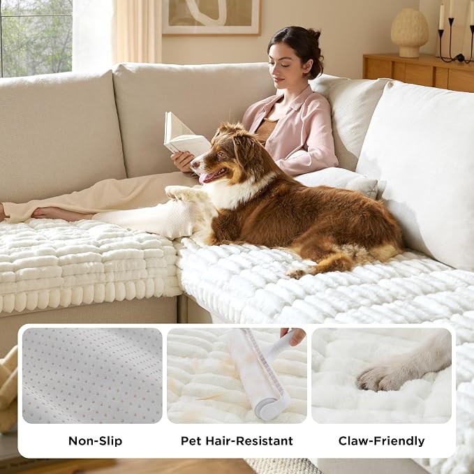 Bedsure Comfyfleece™ Sofa Cover, Couch Covers for Dogs, 27.6 x 59 White | Non-Slip, 300gsm Thick Quilted Padding, Ultra-Soft Corduroy Flannel, Machine Washable, for Standard Loveseat/2-Seater Couch