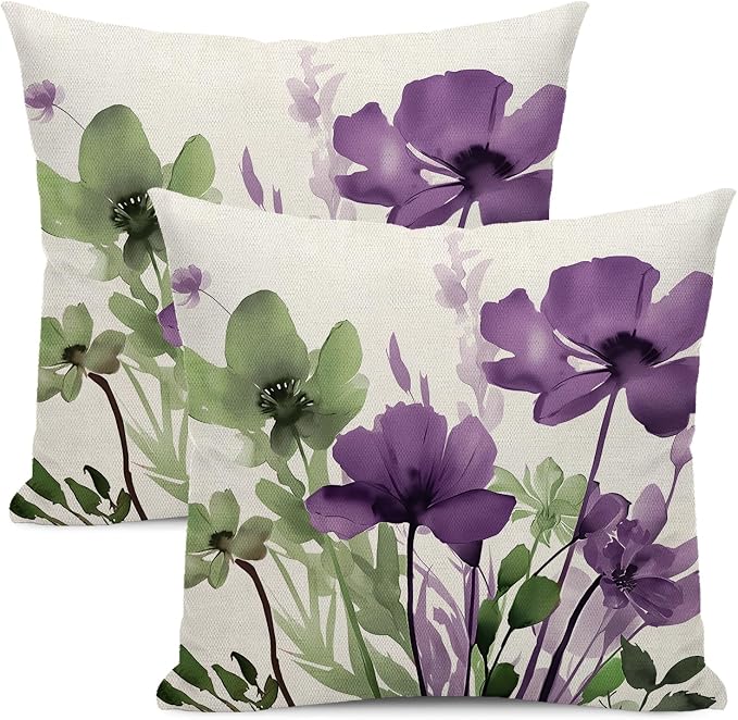 Sage Green Purple Floral Decorative Pillow Covers 18x18 Set of 2 | Flower Throw Pillow Cover Outdoor Decor Rustic Summer Pillowcase Farmhouse Decorative Cushion Cover For Home Sofa