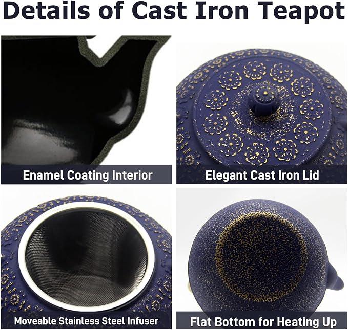 33.8oz Small Cast Iron Tea Kettle for Stovetop, Japanese Tetsubin Tea Pot Coated with Enameled Interior, Durable Cast Iron Teapot with Stainless Steel Infuser for Loose Tea and Tea Bags(1000ml)