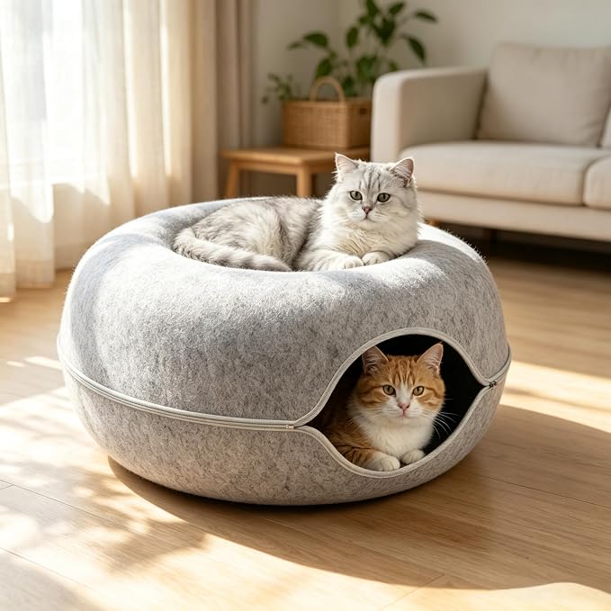 Cat Caves for Indoor Cats, Large Cat Tunnel for Multiple & Large Cats, Scratch Detachable Cave Bed, Kitten Donut Kitty Hideaway Up to 45 Lbs (Light Grey, Jumbo, 1 Pack)
