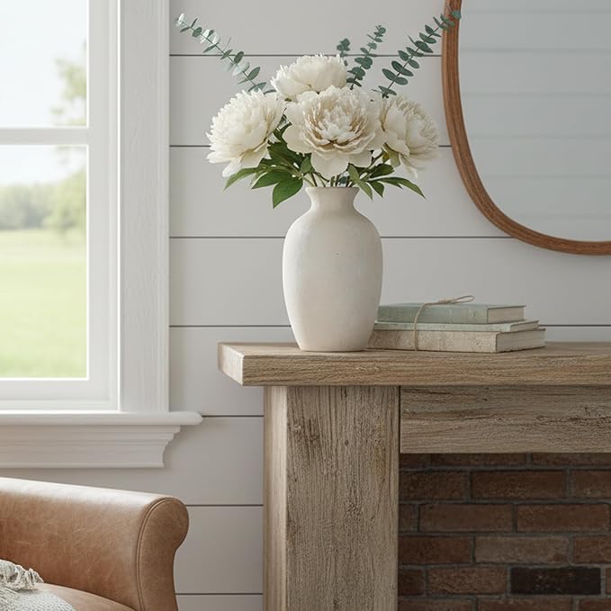Ceramic Vintage Flower Vase Home Decor, 8.38" Rustic Terracotta, Antique Vase for Table, Living Room, Shelf, Mantel Decoration, Farmhouse- Grayish White