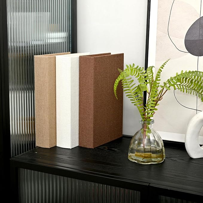 DECOR4SEASON Modern Linen and Wood Decorative Book Boxes, Set of 3 Earthy Neutral Faux Books for Bookshelf Decor, Coffee Table Storage Trays for Remotes & Jewelry, Brown, Taupe, and Off-White