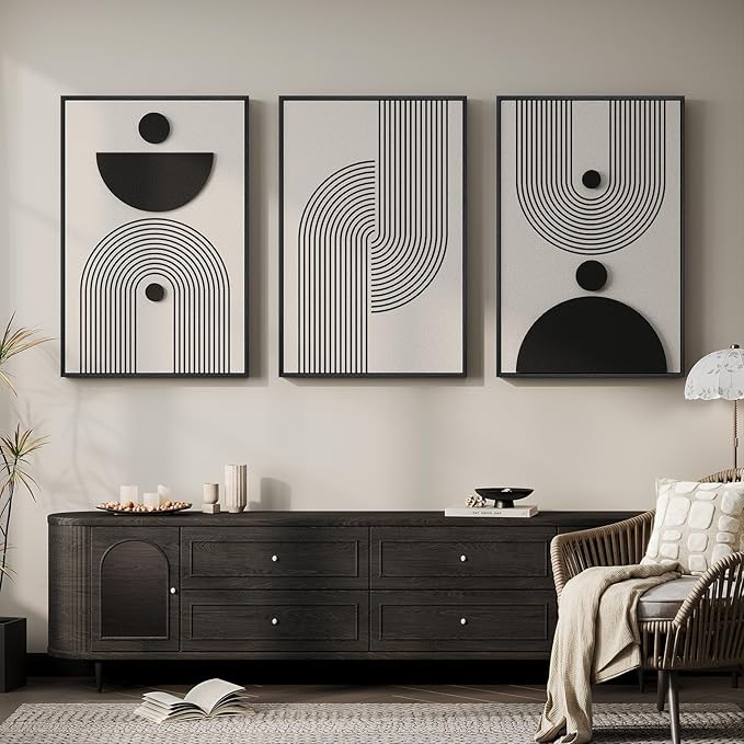Large 3D Textured Framed Black and White Abstract Wall Art for Living Room, 3 Piece Modern Geometric Paintings, Minimalist Neutral Relief Pictures for Dining Bedroom Hallway Office Wall Decor, 24x36 In