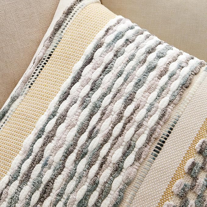ANRODUO Boho Decorative Pillow Covers Gray Blue Stripe 18x18 Inch Pack of 1 | Throw Pillow Covers, Farmhouse Cushion Case, Chenille Pillow Cases, Pillow Covers, Accent Neutral Pillowcase for Couch Bed