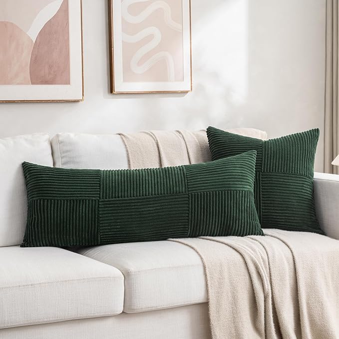 Fancy Homi Set of 1 Dark Green Boho Long Lumbar Body Decorative Throw Pillow Cover 21x54 Inch for Bed Couch Bedroom Bench, Soft Patchwork Corduroy Textured Pillow Case, Rustic Farmhouse Room Decor