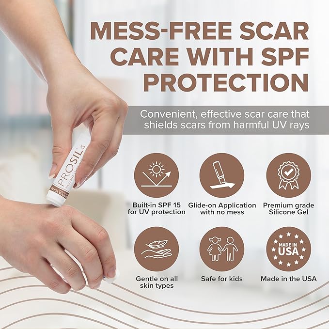 ProSil Silicone Scar Gel Stick with SPF 15 – Patented Scar Treatment in a Mess-Free, Compact Glide-On Stick - Made from Premium-Grade Silicone - Gentle on All Skin Types, Including Kids - 17g