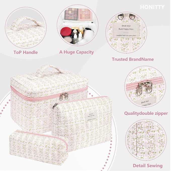 honitty Makeup Bag,Quilted Cosmetic Bags,Large Floral Make Up Organize bag,Makeup Bag Set for Women,Flower Travel Toiletry Bag