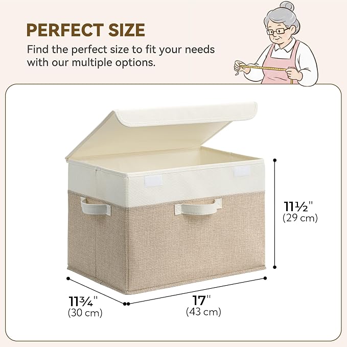 GRANNY SAYS Memory Keepsake Storage Box, Fabric Storage Bins with Lids | Flip-Top Lid, Collapsible, Stackable, 3 Handles, Ideal for Closet Clothes Blanket Toys, Extra Large, Brown/White, 4-Pack