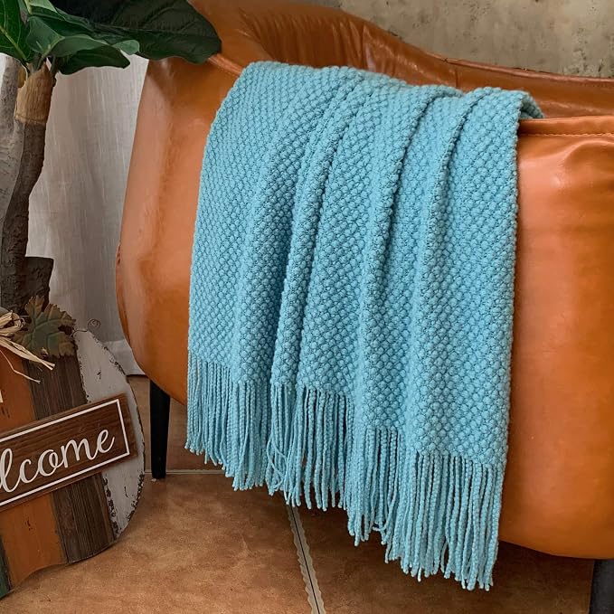 LOMAO Knitted Throw Blanket with Tassels Bubble Textured Lightweight Throws for Couch Cover Home Decor (Lake Blue, 50x60)