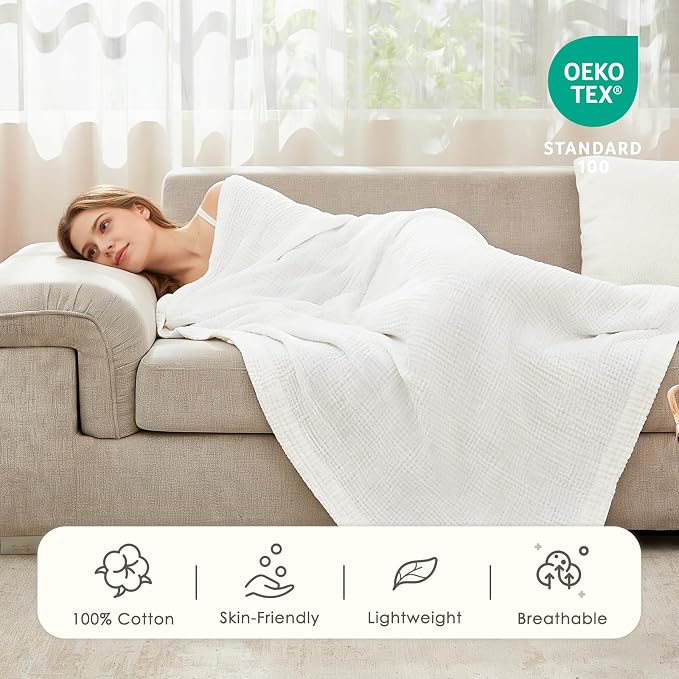 EMME Muslin Blankets for Adults Throw Blanket for Couch Breathable Gauze Soft Lightweight Airy White Twin XL 66" x 90"