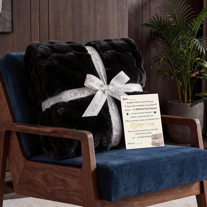 ORINOVA Faux Fur Black Thick Soft Throw Blanket 60X80 for Bed Couch Gift Office Chair Bunny Faux Rabbit Fur Blanket Decorative Warm Throw Blanket 860 GSM