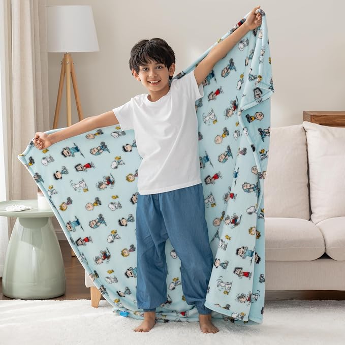 Berkshire Blanket Peanuts® VelvetLoft® Cute Character Snoopy Plush Oversized Throw Blanket, Snoopy Play with Peanuts Gang Light Aqua (50in x 60in)