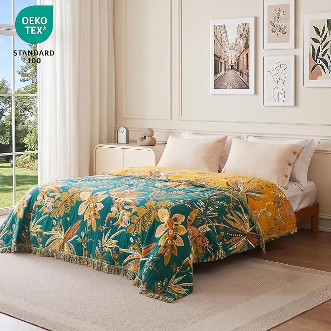 MSGKV Boho Throw Blanket 60"x80" 100% Cotton Floral Muslin Blanket for Sofa | 100% Cotton Muslin, Twin Size Throw Blanket, Floral Home Accent, Soft & Breathable, Lightweight Comfort, Machine Washable