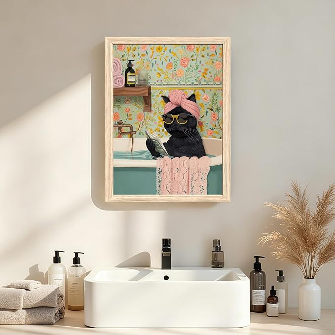 ICHZUMW Framed Funny Black Cat in Bathtub Canvas Bathroom Wall Art 16x24 In | Humorous Cat Wearing Sunglasses Reading Book, Girly Pink Dopamine Bathroom Wall Decor, Restroom Powder Room, Ready to Hang