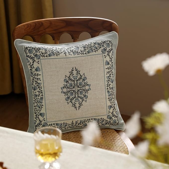 Designer Vintage Linen Throw Pillow Cover,18"x18"-Segerman A | Elegant Chinoiserie Square Pillow Cover,Concealed Zipper Design,Floral Pattern,Sofas,Bedroom,Living Room,Lounge Chairs