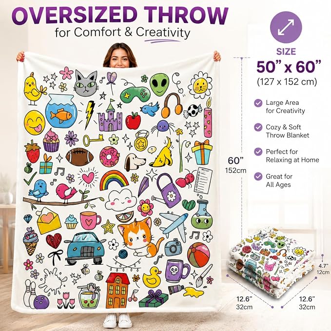 VEELU DIY Cartoon Coloring Blankets with 24 Colors Markers for Adults | Color In Your Own Blankets With 24 Colors Markers, Snuggle Color Sketch Washable Blankets Kit Home Decor