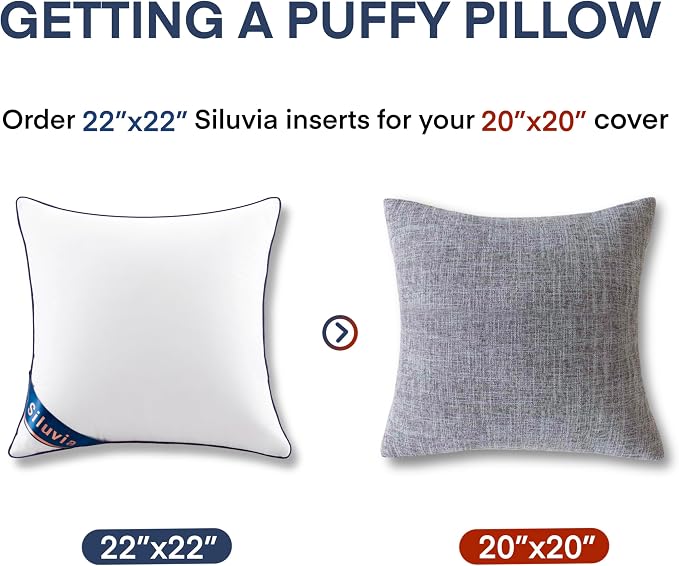 Siluvia 22"x22" Pillow Insert Set of 2 Square Throw 22 Pillows with 100% Cotton Cover for Sofa, Couch, and Bed - White | 100% Premium Polyester Fill, Fluffy & Soft with Comfy Support - White Decorative Cushion Inserts for Couch, Sofa & Bed