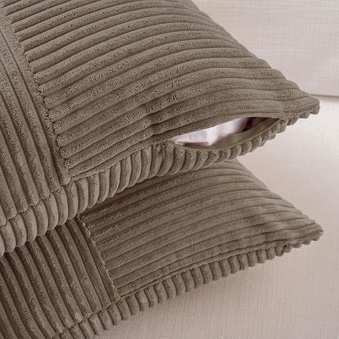 Fancy Homi Set of 1, Decorative Light Brown Corduroy Patchwork Soft Striped Modern Accent Cushion Case Farmhouse Boho Neutral Throw Pillow Covers for Chair Couch Sofa Bed Living Room Home 24x24 Inch