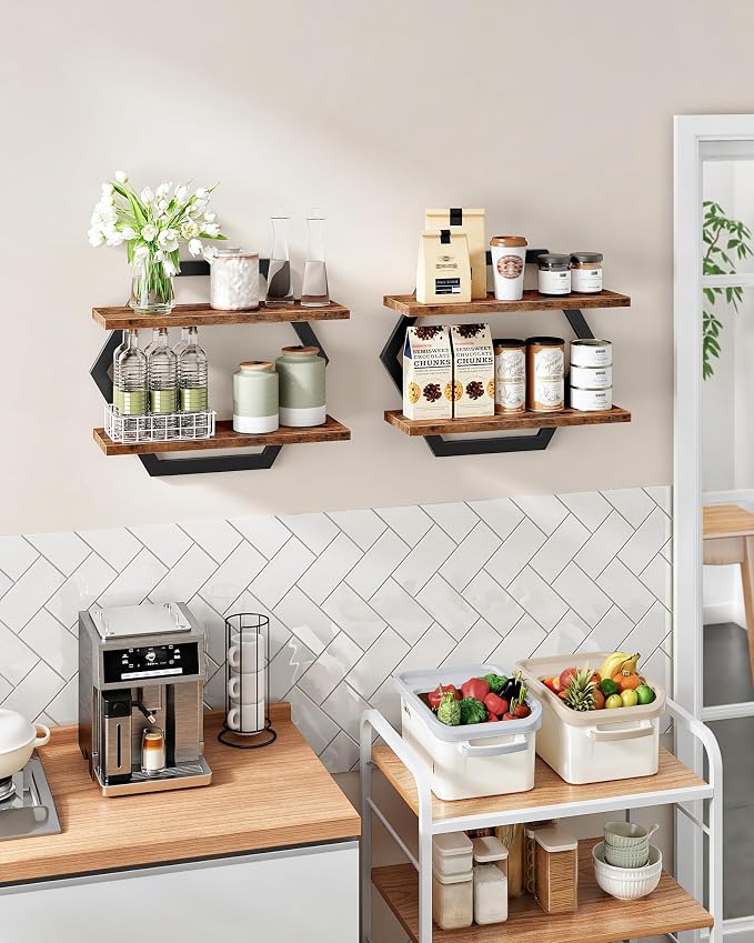 Hexagon Floating Shelves for Wall, Set of 2, 2 -Tier Hanging Shelves, Wall Mounted Storage Shelves, for Living Room, Bedroom, Kitchen, Home Office, Study, Rustic Brown and Black TBJ06P2BF
