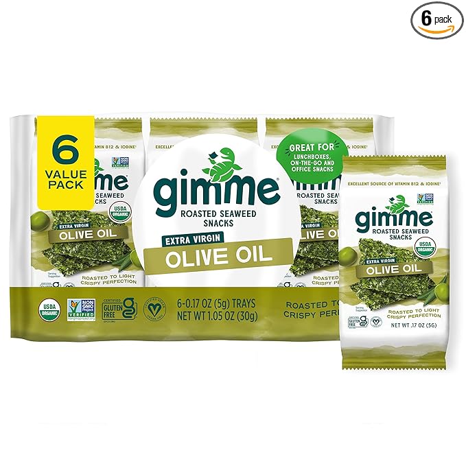 Gimme Seaweed Organic Premium Roasted Seaweed Snacks, Extra Virgin Olive Oil, 6 Count, Keto, Vegan, Gluten-Free, Great Source of Omega3s and Iodine, Healthy On-The-Go Snack for Kids and Adults