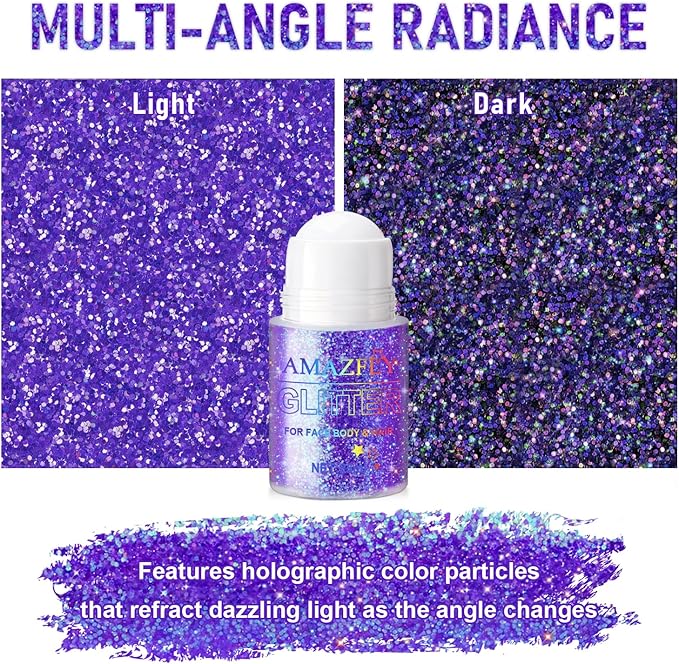 Roll-on Holographic Body Glitter Gel for Face and Hair, Chameleon Color Changing Glitter Gel Under Light, Chunky Mermaid Sequins Festival Party Rave Accessories Body Shimmer Makeup (Purple)