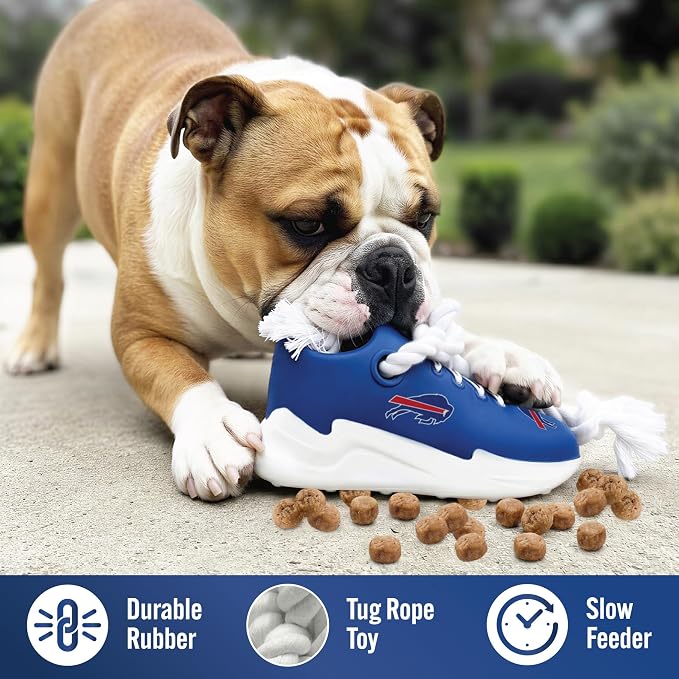 Pets First NFL Buffalo Bills Cleat Sneaker Spike Dog Toy, Football Treat Dispenser Chew Toy for Dogs, Interactive Rope Tug Toy, Slow Feeder Natural Rubber Dog Toy with Official Team Logo