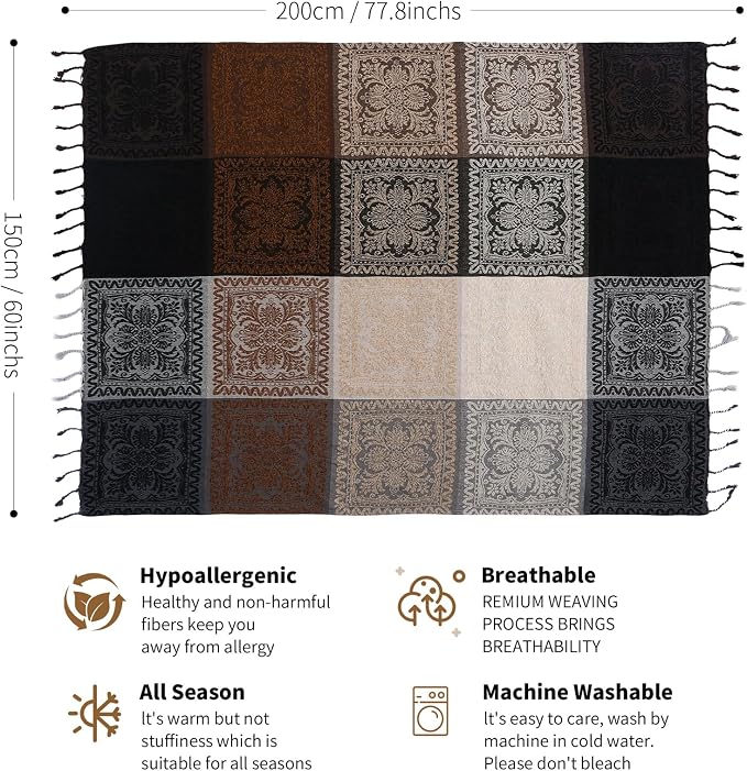 Boho Throw Blanket, Chenille Jacquard Tassels Throw Blankets for Bed Couch Soft Chair， Bohemian Fringe Tassels (Black, S:60x75)