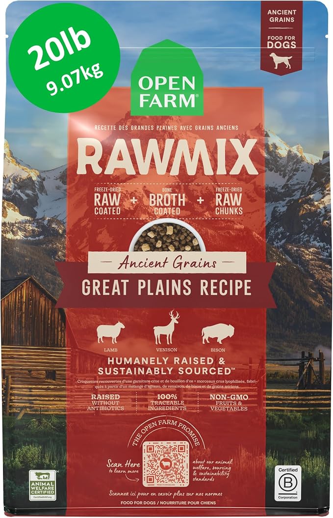Open Farm RawMix Ancient Grains Dry Dog Food, Great Plains Kibble, 20lb Bag | Pasture-raised Lamb, Venison and Bison, Freeze Dried Raw Chunks, 100% Traceable Ingredients, Non-GMO Fruits & Veggies.