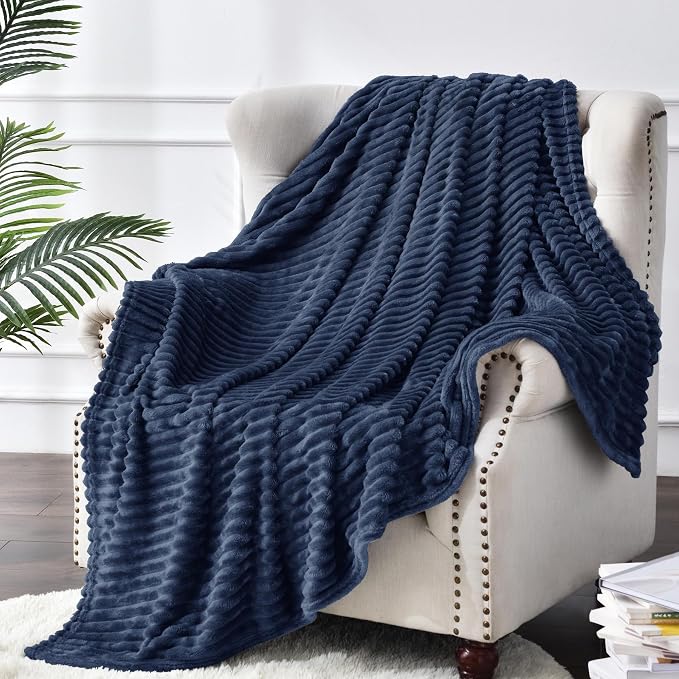 BEDELITE 3D Ribbed Jacquard Navy Fleece Twin Blanket for Bed, 60x80 Inch | Soft Warm Decorative Fluffy Blanket, Cozy Plush Lightweight Fuzzy Throw Blanket for Couch Sofa Room Decor, Gift for Women