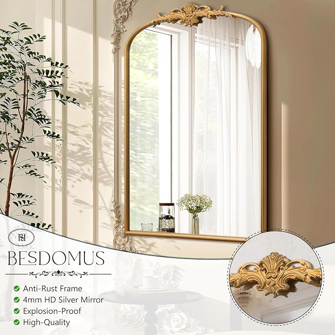 Besdomus Antique Large Wall Mirror: 24"x36" French Arch Gold Vanity Mirrors | Vintage Metal Framed Decorative - Baroque Traditional Ornate for Entryway/Bathroom/Dresser - Ideal for Bathroom Renovations