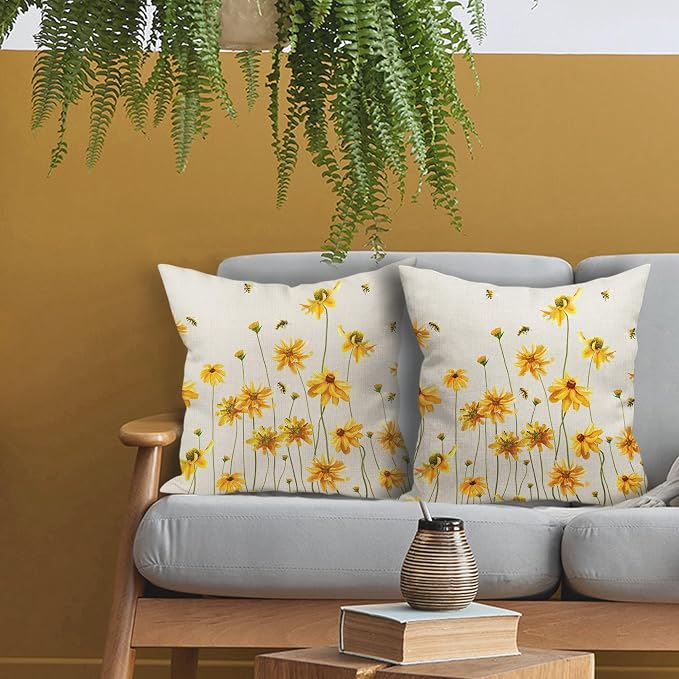 Spring Summer Floral Pillow Covers 18X18 Inch Set of 2 Coreopsis Daisy Yellow Flowers Bee Decorative Pillow Cases Farmhouse Seasonal Cushion Case Farmhouse Home Decor for Sofa Couch Bedroom Outdoor