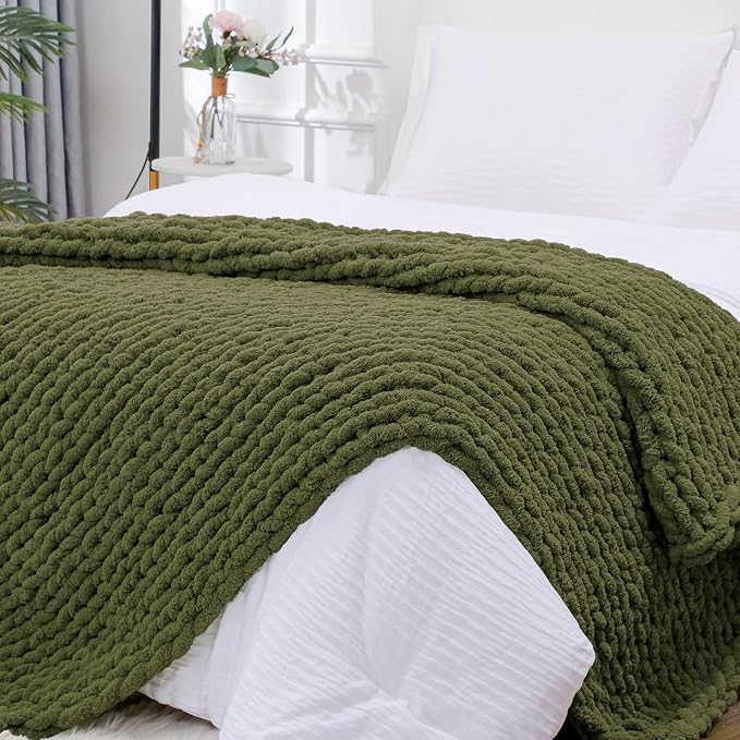 Bigacogo Chunky Knit Throw Blanket for Couch, 51x63 inches, Yellow Green | Hand Knit with Jumbo Chenille, Soft Breathable Cable Knit for Sofa Bed Living Room, Machine Washable, Gift for Mom Friend