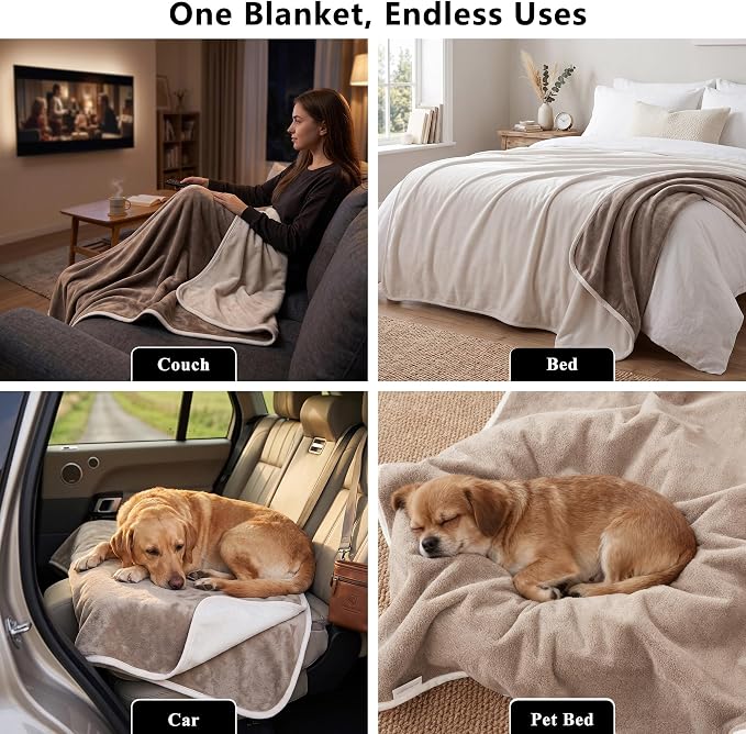 Waterproof Blanket - Reversible Dog Throw as Furniture Protector | Soft Velvet & Flannel, TPU Leak-Proof Liner, Machine Washable, Fits Couch and Bed, 68" x 82", Beige/Khaki