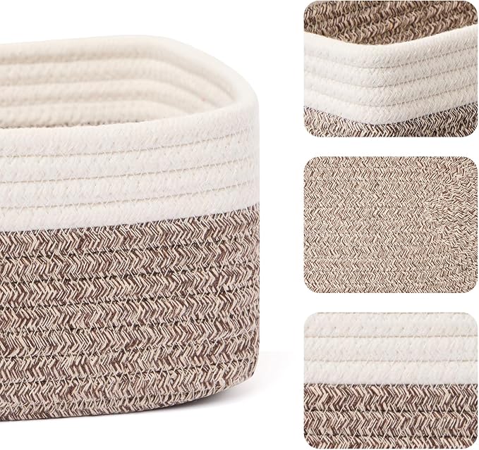MiniArk Small Storage Baskets for Organizing | Closet Organizer Bins | Shelf Toy Basket | Woven Rope Baskets | Cube Decorative Box | Shallow Basket | 11.5x7.5x4.7” | 3 Packs White Brown