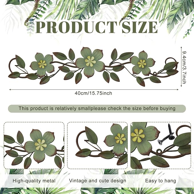 Wesiti Metal Flower Wall Decor Vintage Metal Flower Wrought Iron Scroll Sculpture 15.7''x3.7'' Not 3D, Flat Farmhouse Leaf Wall Decor with Nails for Summer Bedroom Kitchen Indoor Outdoor(Green)