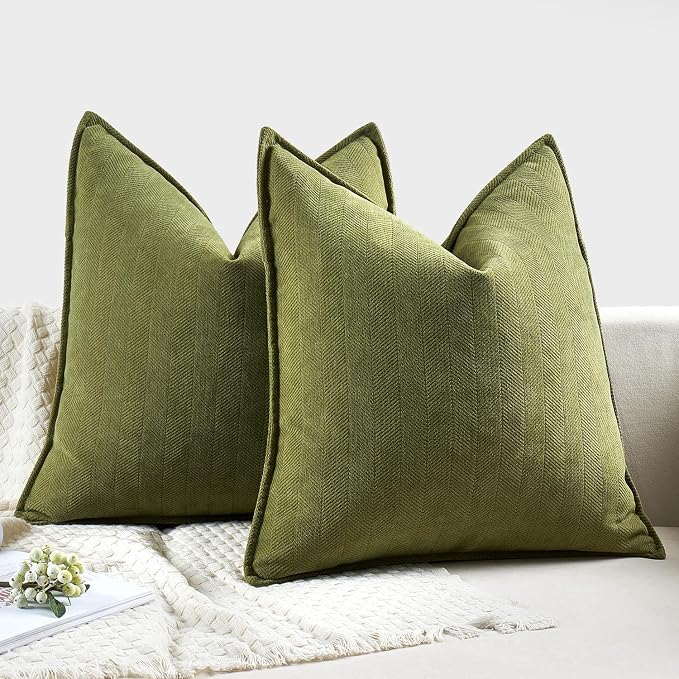 MIULEE Pack of 2 Moss Green Decorative Chenille Pillow Covers 18x18 Inch | Soft Couch Throw Pillows,Farmhouse Cushion Covers with Elegant Design for Sofa,Bedroom,Living Room,Spring Home Decor