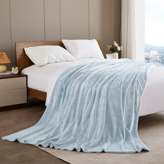 Exclusivo Mezcla Soft Waffle Fleece Bed Blanket Queen Size, Heather Blue | Lightweight Plush Blanket for Bed, Bedroom, Cozy Flannel with Waffle Texture, Stylish Home Decor, All Season, 90x90 Inches