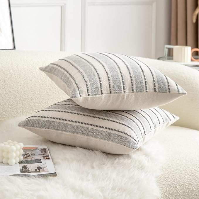 Cethom Decorative Boho Throw Pillow Covers, Farmhouse Textured Pillow Case, 20 x 20 Inch Set of 2, Chair Sofa Bedroom Living Room Home Decor Couch Cushion Case, Grey and Beige Striped