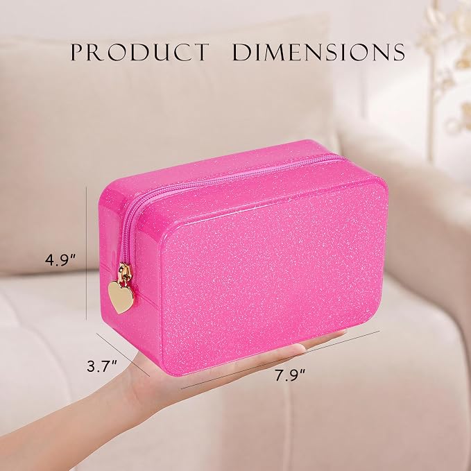 RSRSLEII Stardust Twinkle Jelly Travel Makeup & Toiletry Bag, Waterproof PVC Cosmetic Bag/Case for Women，Zipper SPF Beach Bag for Sunscreen Skincare and Daily Essentials (02Hot Pink)
