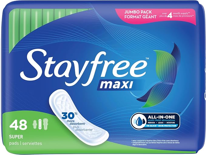 Stayfree Maxi Super Long Wingless Reliable Protection and Absorbency Pads For Women, 48 Count (Pack of 1)