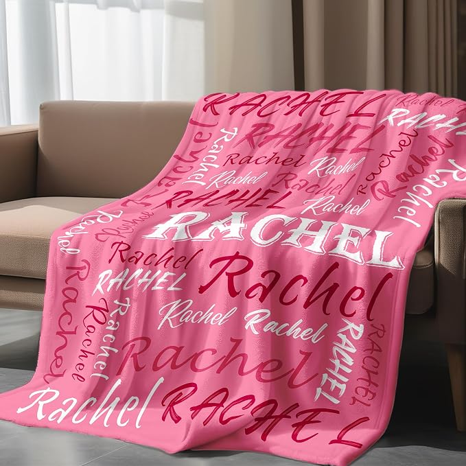 Personalized Name Throw Blanket, Custom Pink Theme Light Soft Flannel Fleece Throw Blanket with Names for Men Women Boys Girls Kids, Customized Name Gifts for Birthday Christmas Valentines Day