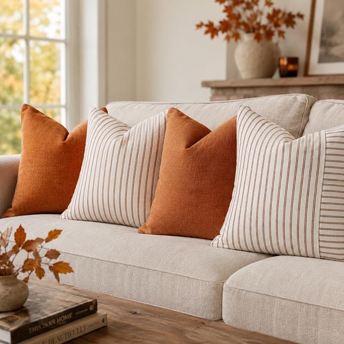 YCOLL Farmhouse Fall Pillow Covers 18x18, Modern Accent Square Throw Pillow Covers Set of 2, Rust and Beige Striped Patchwork Linen Decorative Cushion Covers for Couch Chair Bedroom Fall Decorations
