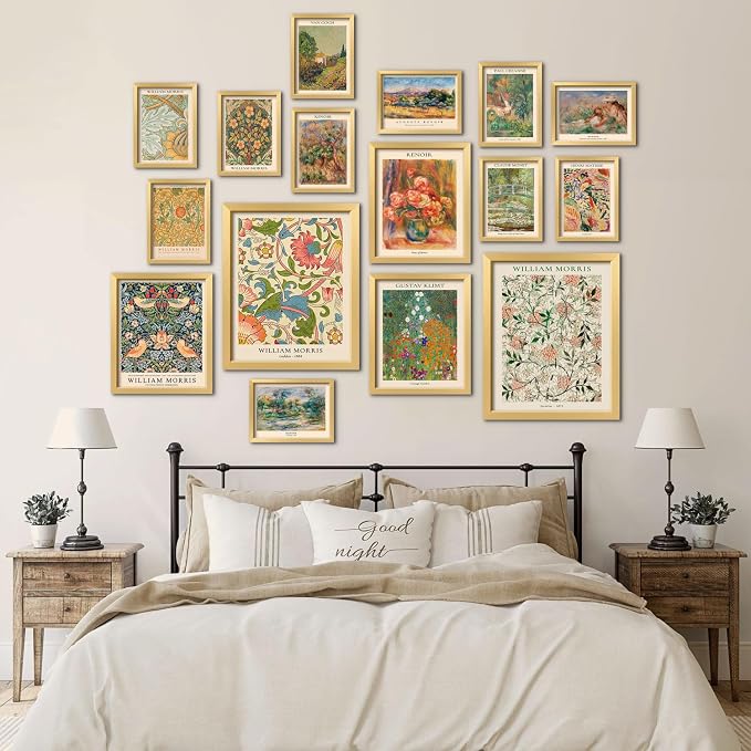 ANERZA 16 PCS Gold Framed Vintage Eclectic Wall Art Decor, William Morris Wall Prints for Bedroom, Gallery Wall Frame Set, Posters for Living Room Aesthetic, Collage Kit, Colorful Dorm Home Artwork