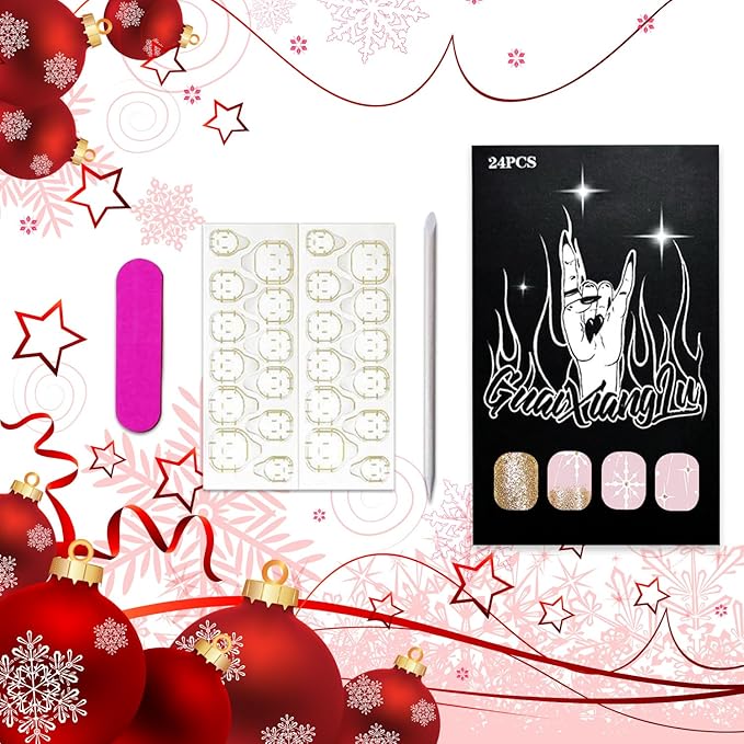 Gold Glitter Christmas Press on Nails Xmas Snowflake False Nails Glossy Short Square Glue on Nails Winter Christmas Acrylic Fake Nails for Women Girls