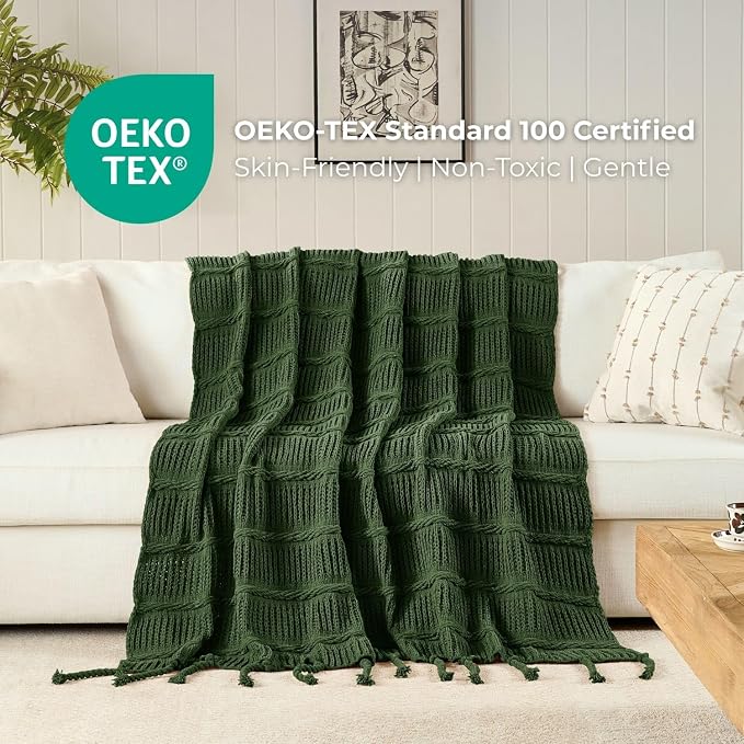 Boho Knitted Chenille Blanket with Tassels - Lightweight & Soft All-Season Throw - 3D Classic Pattern for Living Room Bedroom Couch, Imperial Green, King 90"x108"