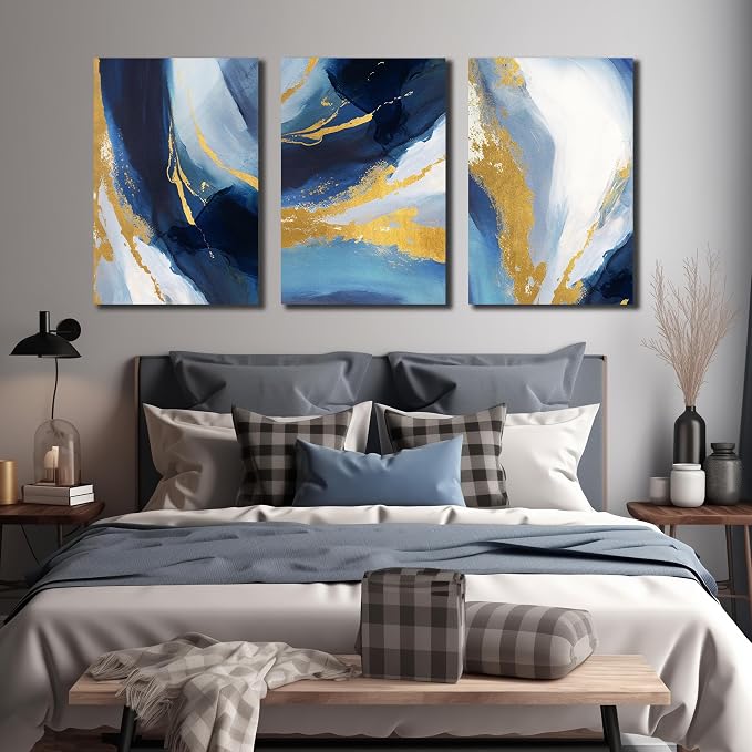DNIEOTU Abstract Wall Art for Living Room, Blue and Gold Canvas Picture Prints Wall-Decor for Bedroom, Size 24 x 36 Inches 3-Pieces