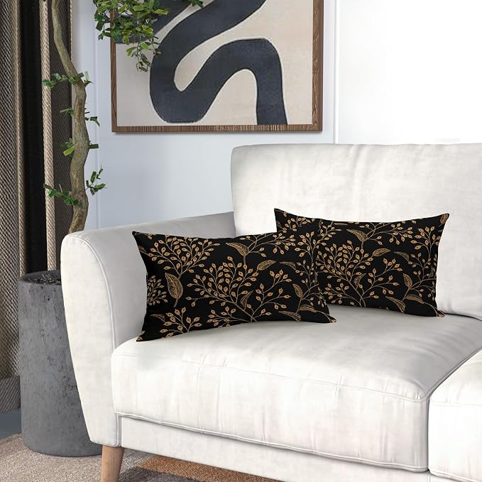 Boho Lumbar Pillow Covers 12X20 Inch Set of 2 Black Gold Floral Leaves Decorative Pillow Cases Vintage Flower Leaf Cotton Linen Cushion Case Farmhouse Home Decor for Sofa Couch Porch Outdoor