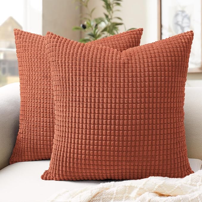 Softalker Corduroy Fall Throw Pillow Covers 20x20, Set of 2, Burnt Orange | Soft Boho Striped Pillow Cases, Couch Fluffy Cushion Covers for Farmhouse Home Decor Bed Living Room