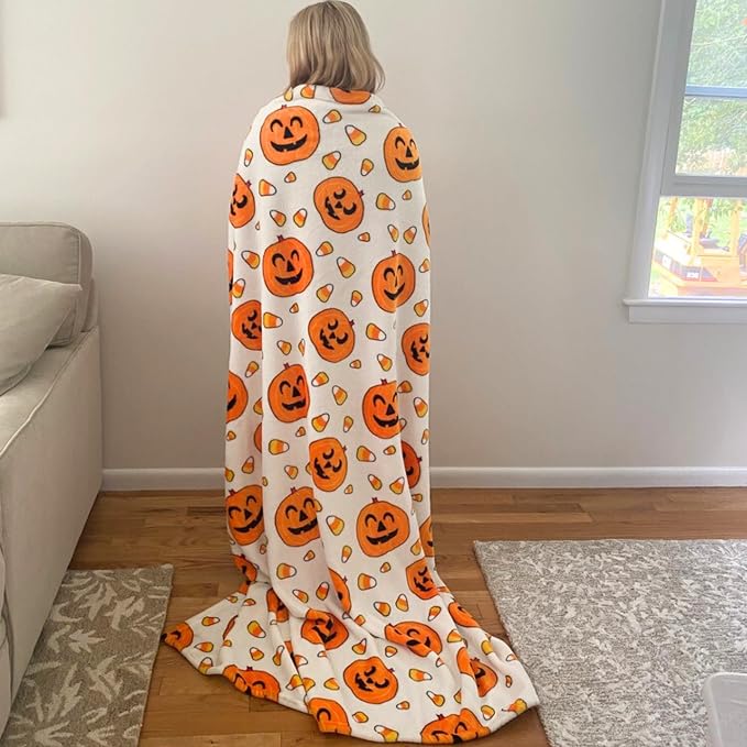 Halloween Fleece Throw Blanket, Jack-O'-Lanterns with Candy Corn, 50x70 in | Ultra-soft cozy flannel fleece, for sofa couch bed chair & dorms, spooky Halloween décor, durable and machine washable.