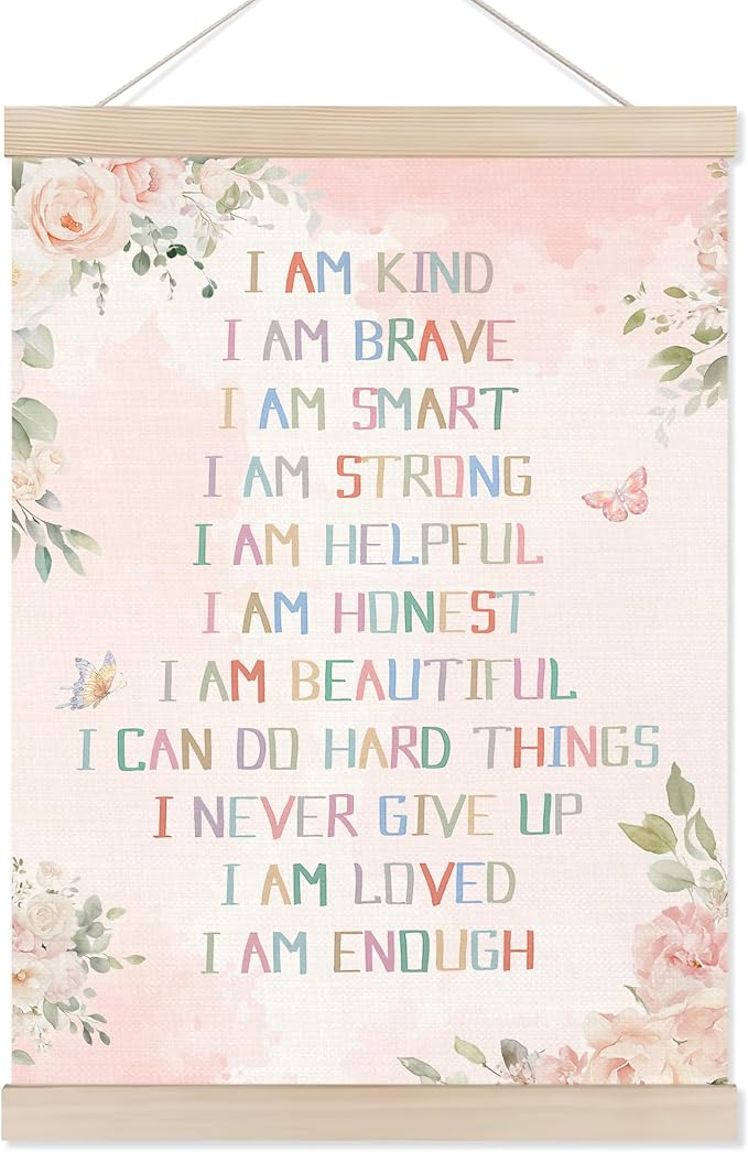 Koesus Inspirational Girls Nursery Wall Art Poster Hanger Frame 12x16 Inch, Boho Pink Floral Positive Affirmation Canvas Pictures Prints Framed Wall Decor for Toddler Girls Room Nursery Playroom